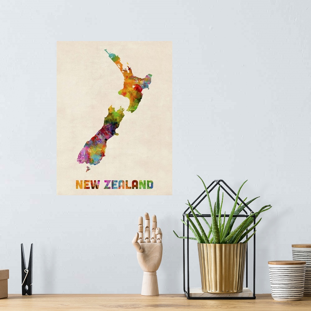 A bohemian room featuring New Zealand Watercolor Map