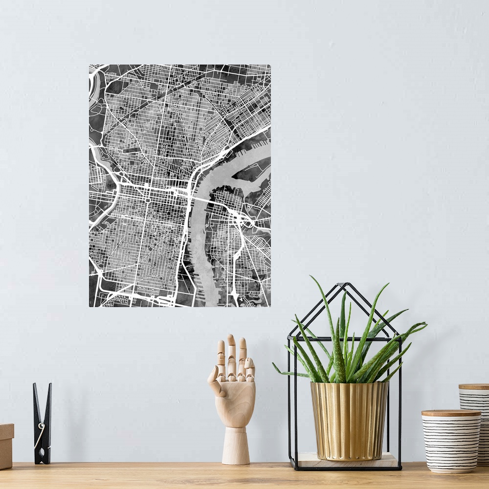 A bohemian room featuring Watercolor street map of Philadelphia, Pennsylvania, United States.