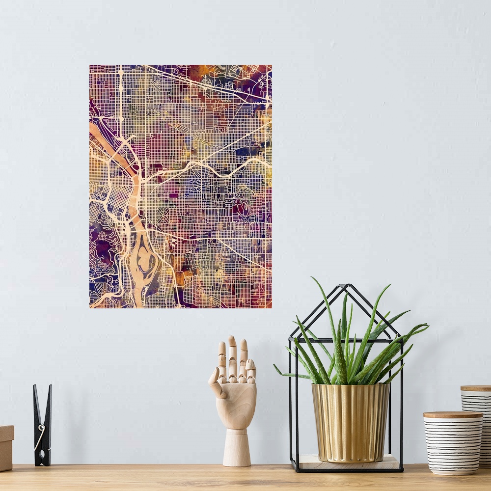 A bohemian room featuring Watercolor street map of Portland, Oregon, United States