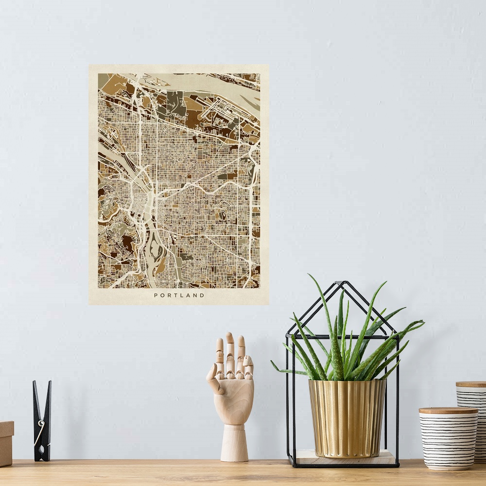 A bohemian room featuring A street map of Portland, Oregon, United States, with land areas in shades of brown