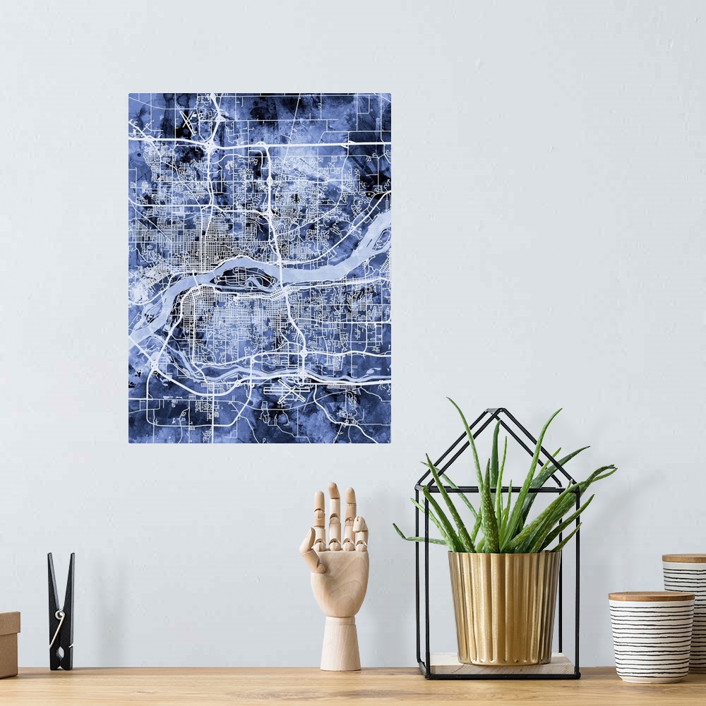 A bohemian room featuring Watercolor street map of Quad Cities, Illinois and Iowa, United States.