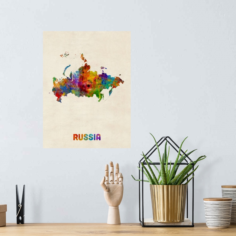 A bohemian room featuring A watercolor map of Russia.