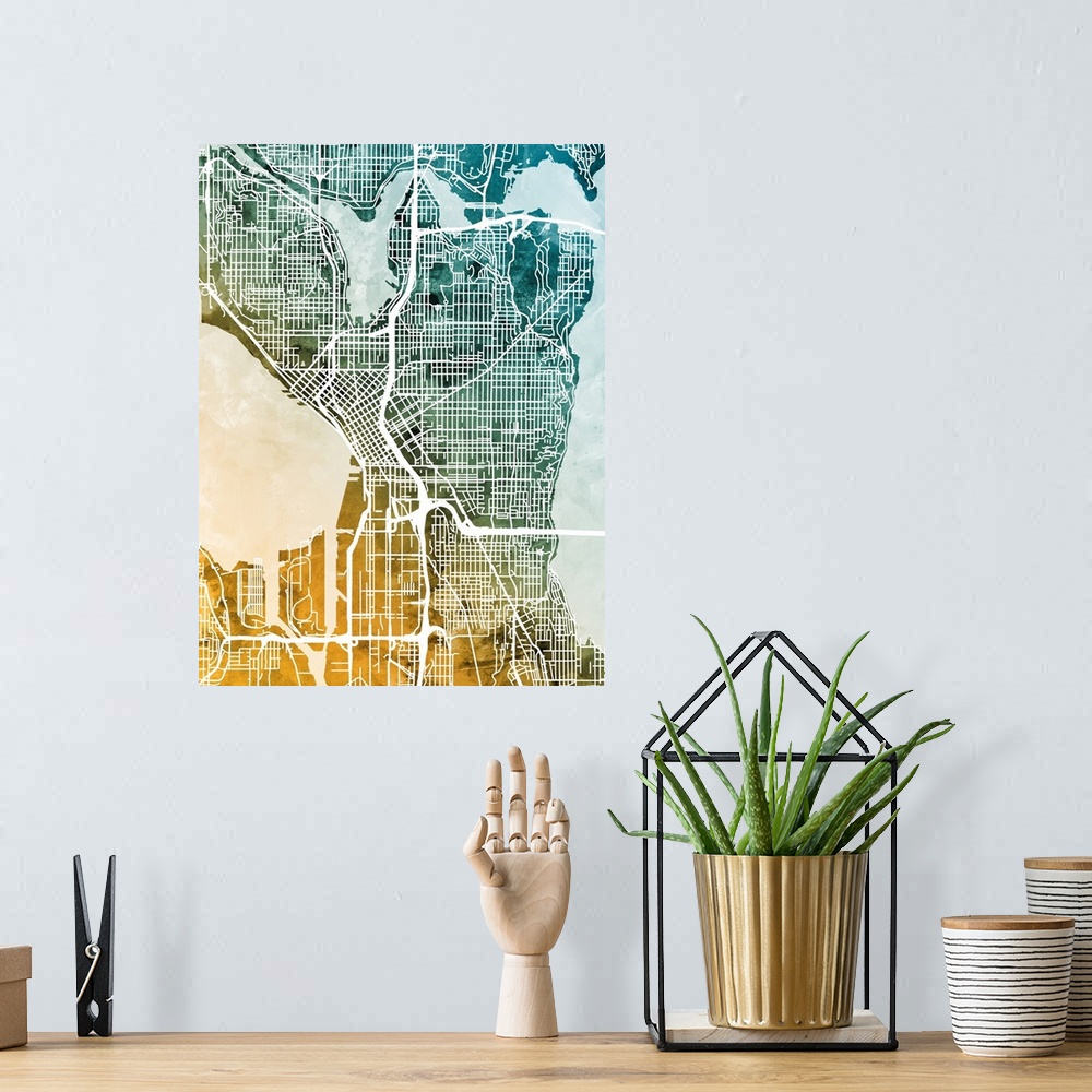 A bohemian room featuring Watercolor street map of Seattle, Washington, United States