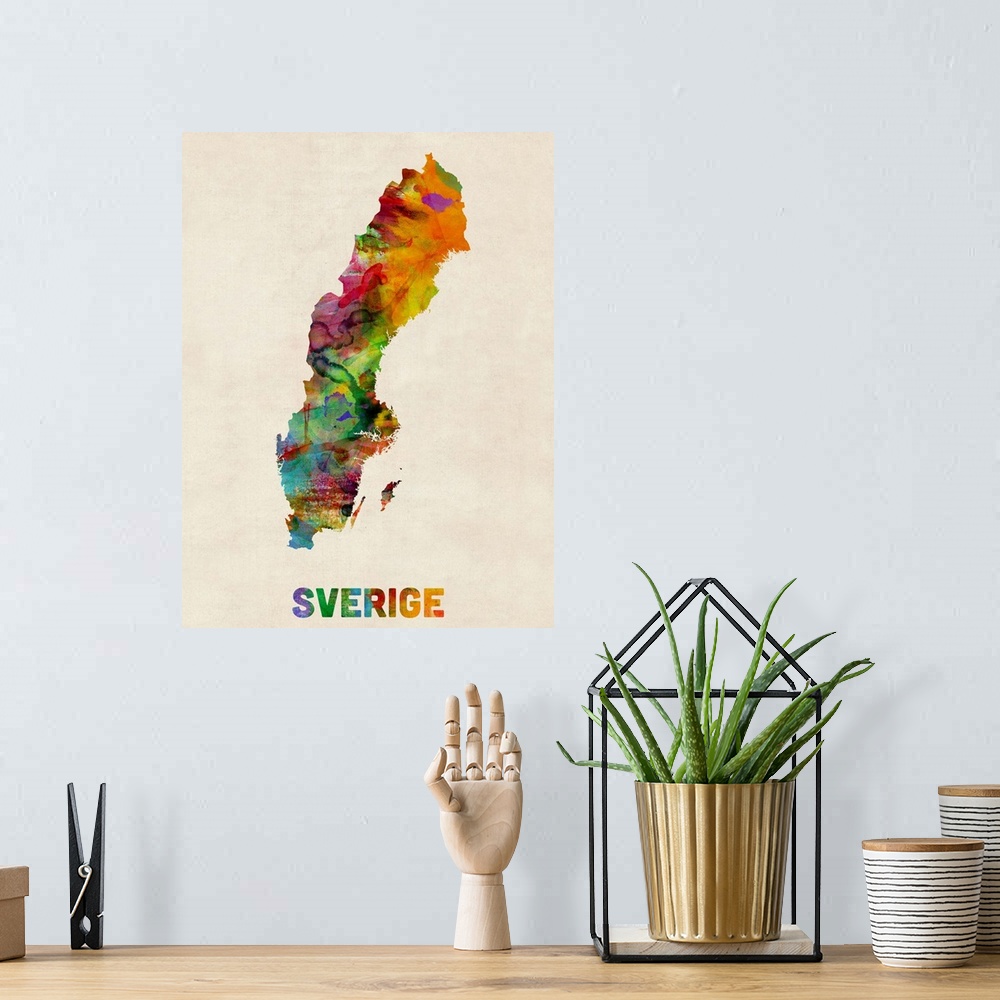 A bohemian room featuring Sweden Watercolor Map