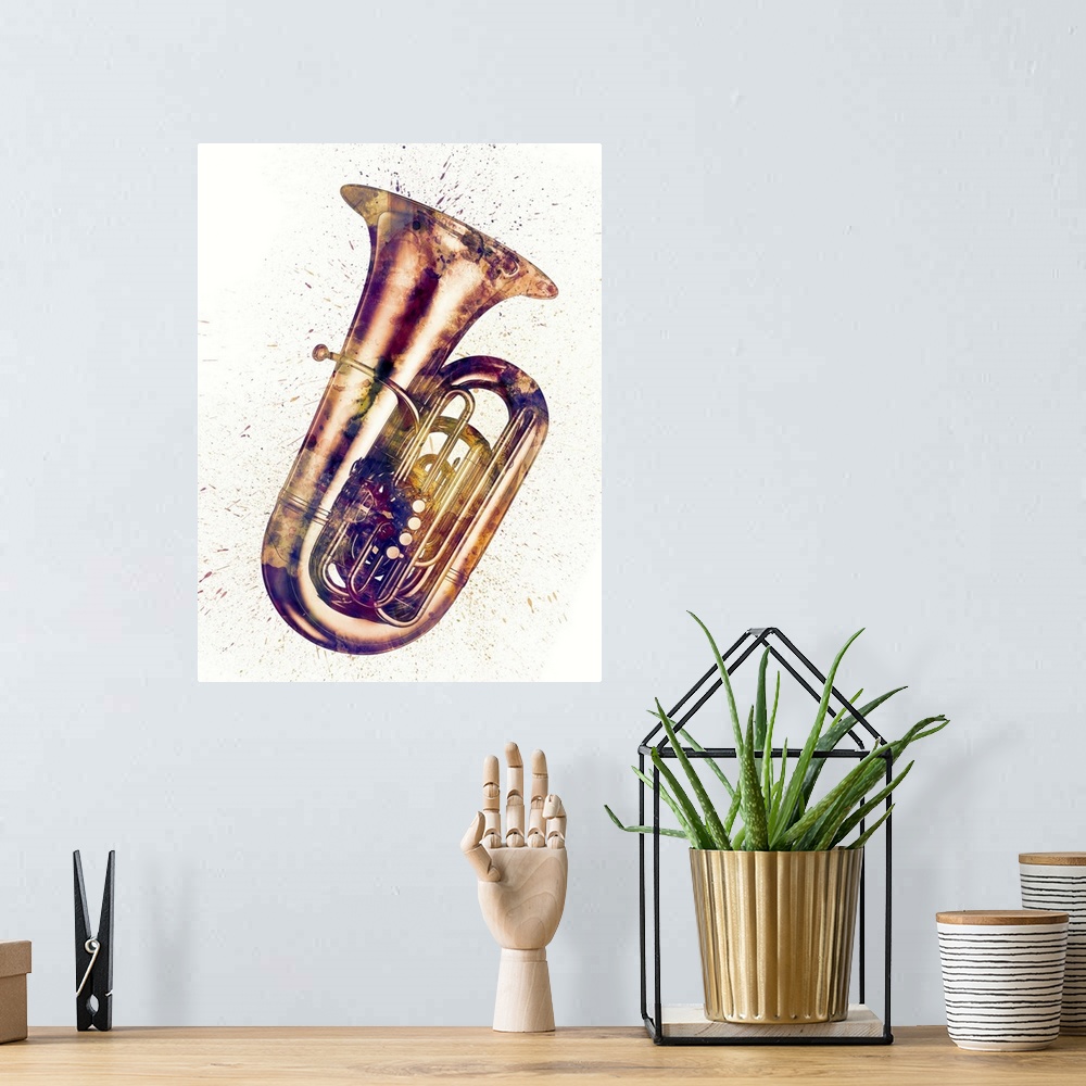 A bohemian room featuring An abstract watercolor print of a Tuba.
