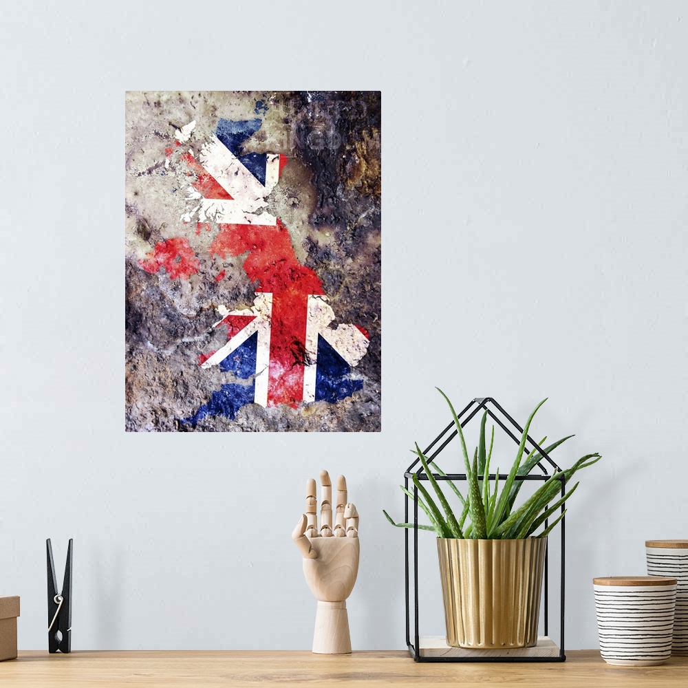A bohemian room featuring United Kingdom Union Jack Flag in shape of the United Kingdom in a grungy paint style.