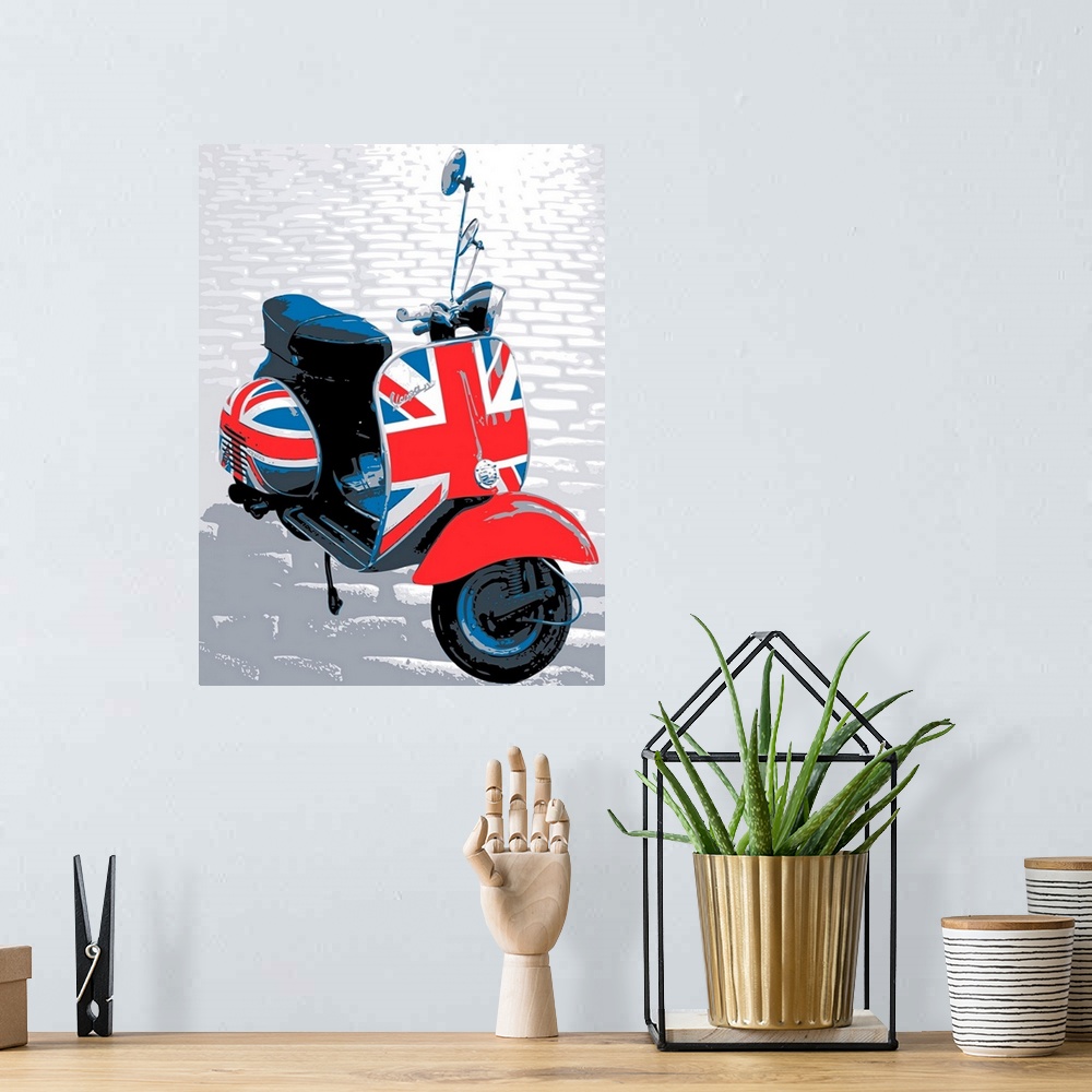 A bohemian room featuring Vespa Scooter on Cobble Street, Mod style design with British flag. Pop Art Print.
