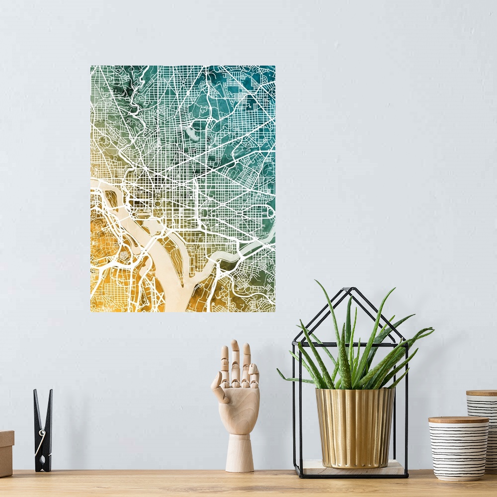 A bohemian room featuring Watercolor street map of Washington DC, United States