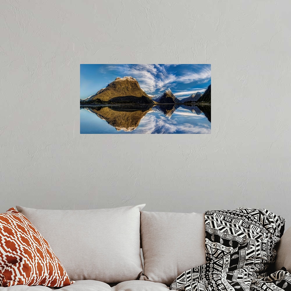 A bohemian room featuring High clouds over peak, Mitre Peak, Milford Sound, Fiordland National Park, New Zealand.