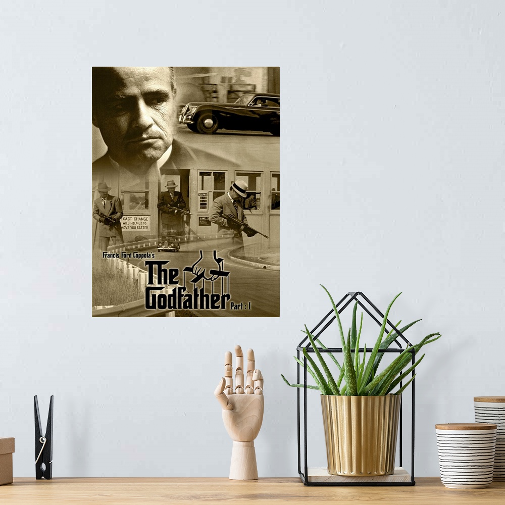 A bohemian room featuring Vertical, large movie advertisement for the 1972 film, The Godfather.  The movie title is on a co...