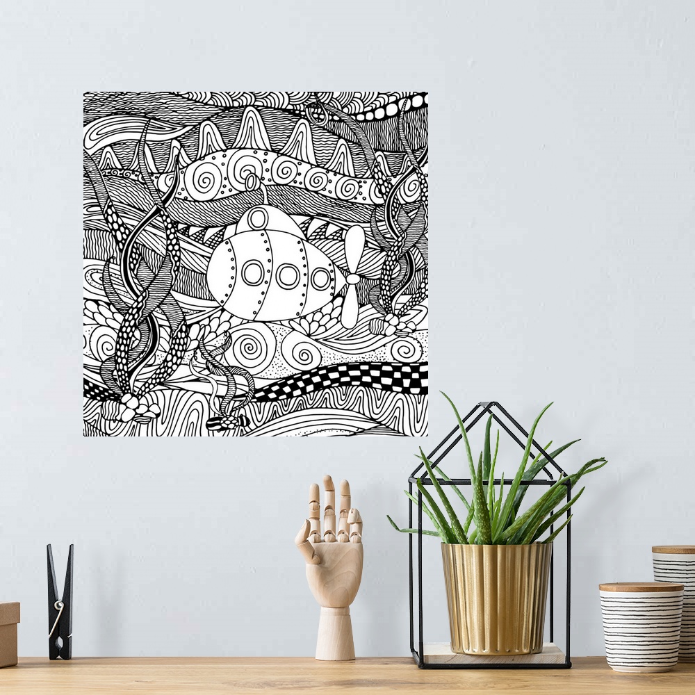 A bohemian room featuring Contemporary line art of a submarine against a background of intricately pattered and decorated w...