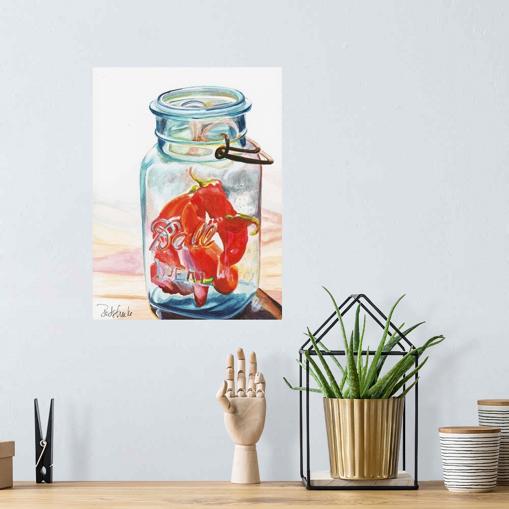A bohemian room featuring A contemporary painting of a glass jar containing chili peppers.