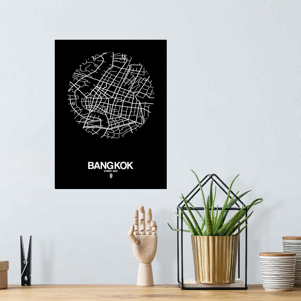 A bohemian room featuring Minimalist art map of the city streets of Bangkok in black and white.