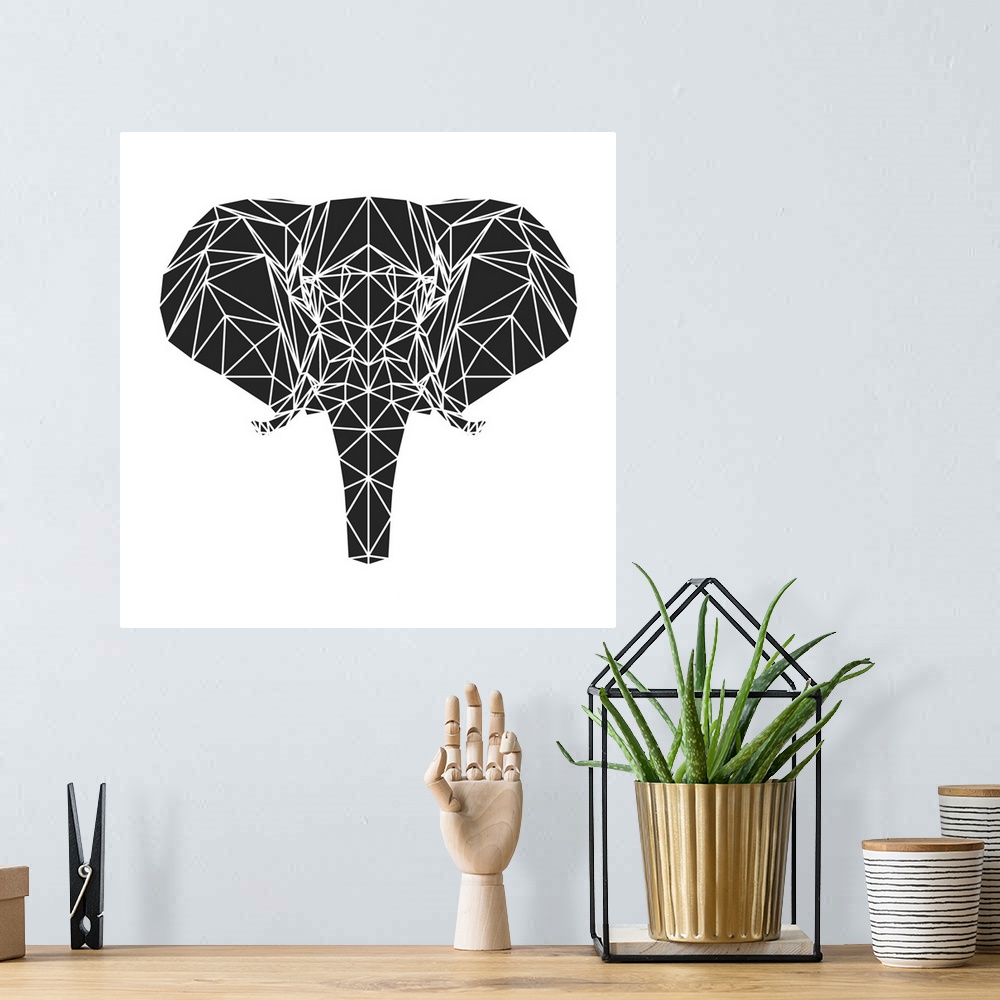 A bohemian room featuring Elephant head made up of a polygon mesh.