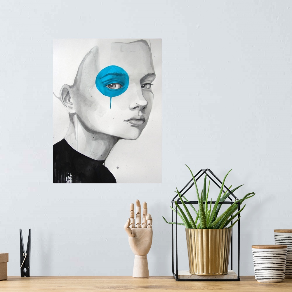 A bohemian room featuring Contemporary watercolor portrait of a woman with blue paint dot painted over her eye.