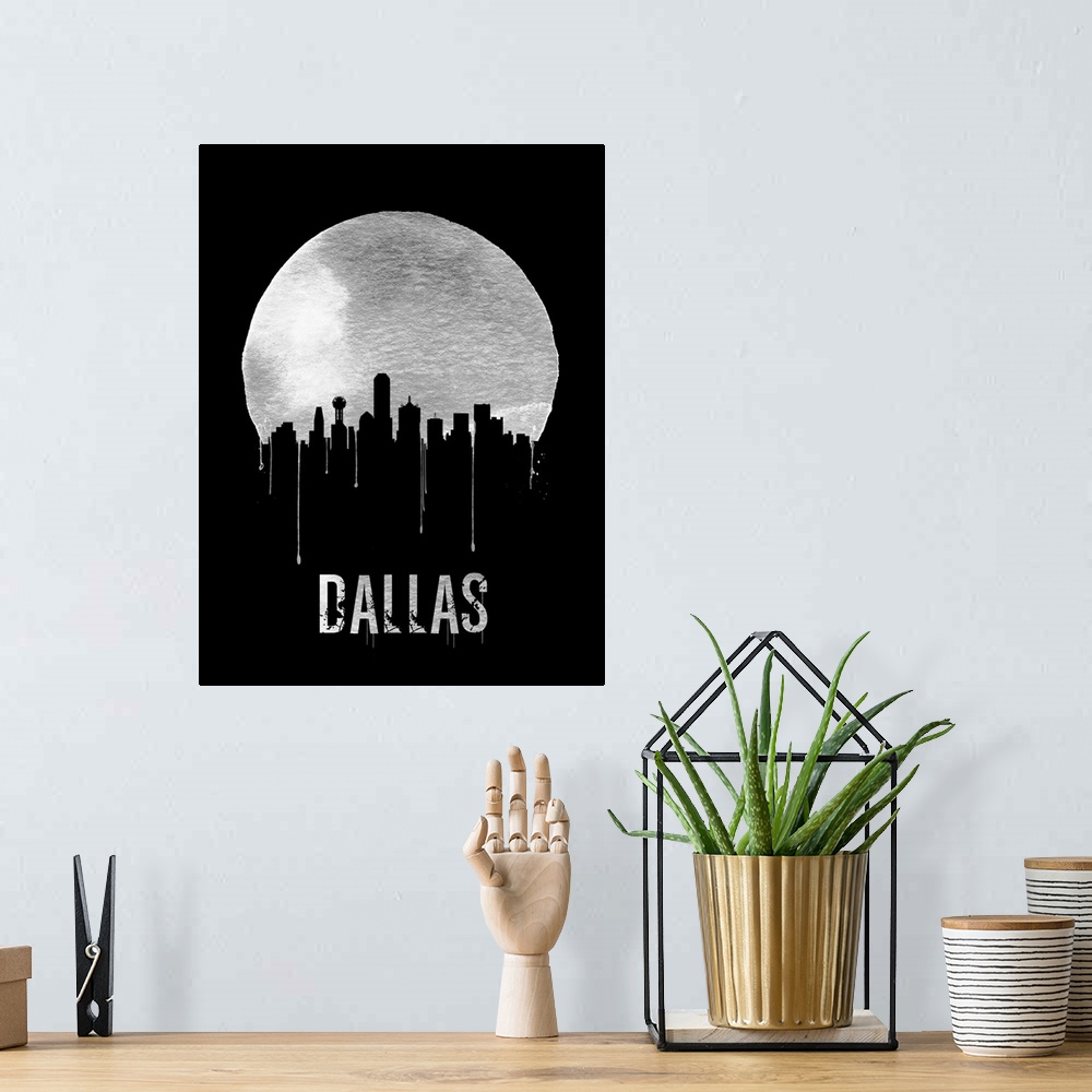A bohemian room featuring Contemporary watercolor artwork of the Dallas city skyline, in silhouette.