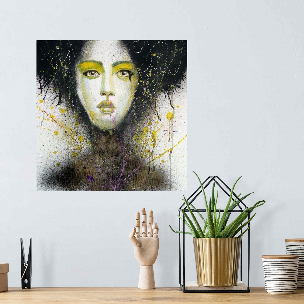 A bohemian room featuring Contemporary watercolor portrait of a woman with darkness all around her and yellow make-up aroun...