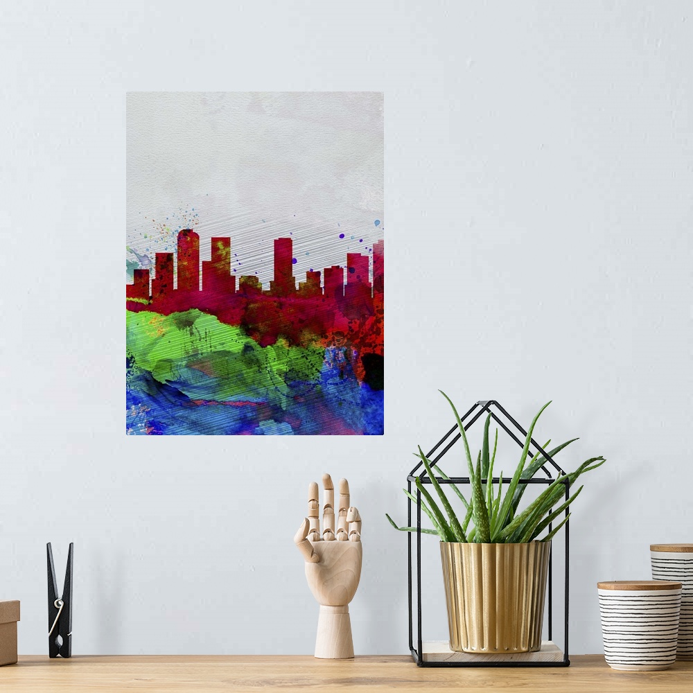 A bohemian room featuring Denver Watercolor Skyline