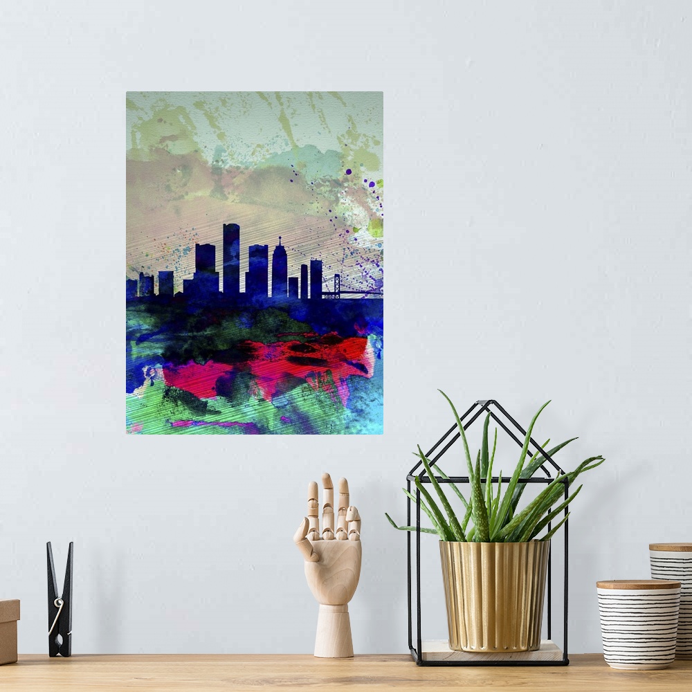 A bohemian room featuring Detroit Watercolor Skyline