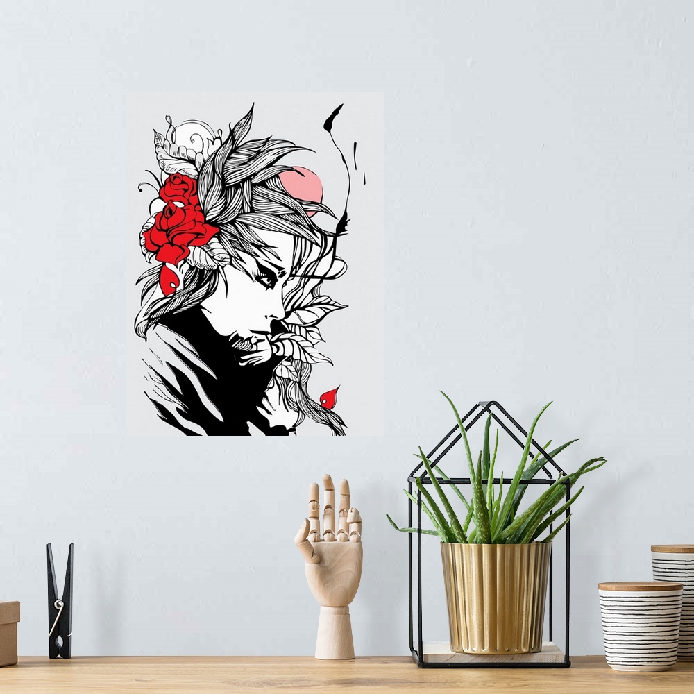 A bohemian room featuring Contemporary illustration art of a woman's portrait in profile with flowers in her hair.