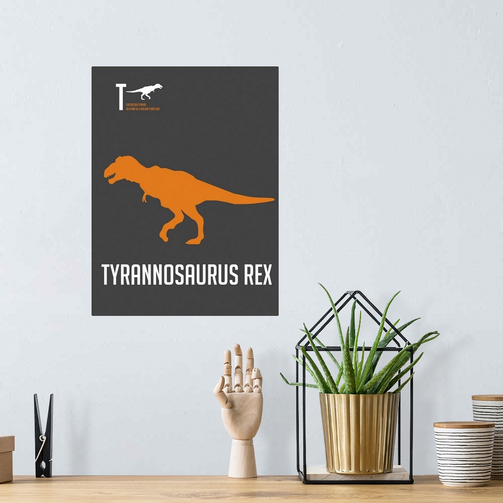 A bohemian room featuring Minimalist Dinosaur Poster - Tyrannosaurus Rex - Orange