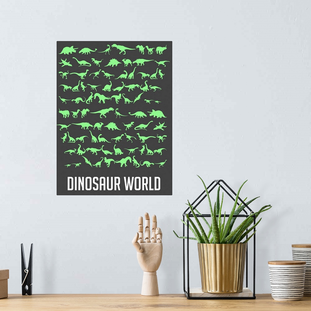A bohemian room featuring Minimalist Dinosaur World Poster - Green