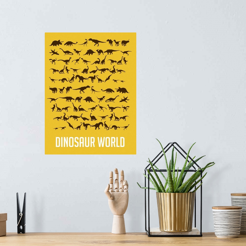 A bohemian room featuring Minimalist Dinosaur World Poster - Yellow