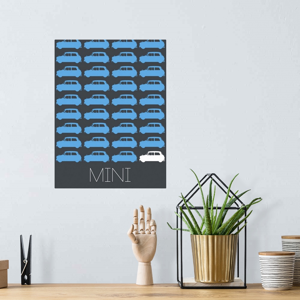 A bohemian room featuring Minimalist Mini Cooper Poster IV