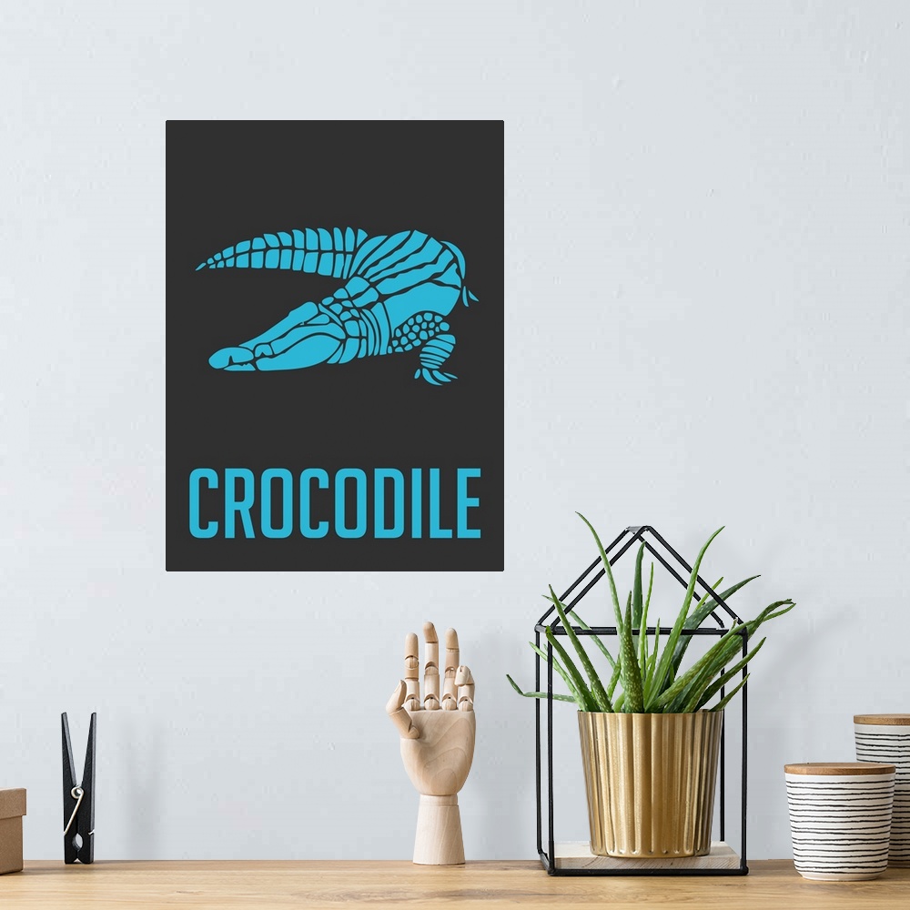 A bohemian room featuring Minimalist Wildlife Poster - Crocodile - Blue
