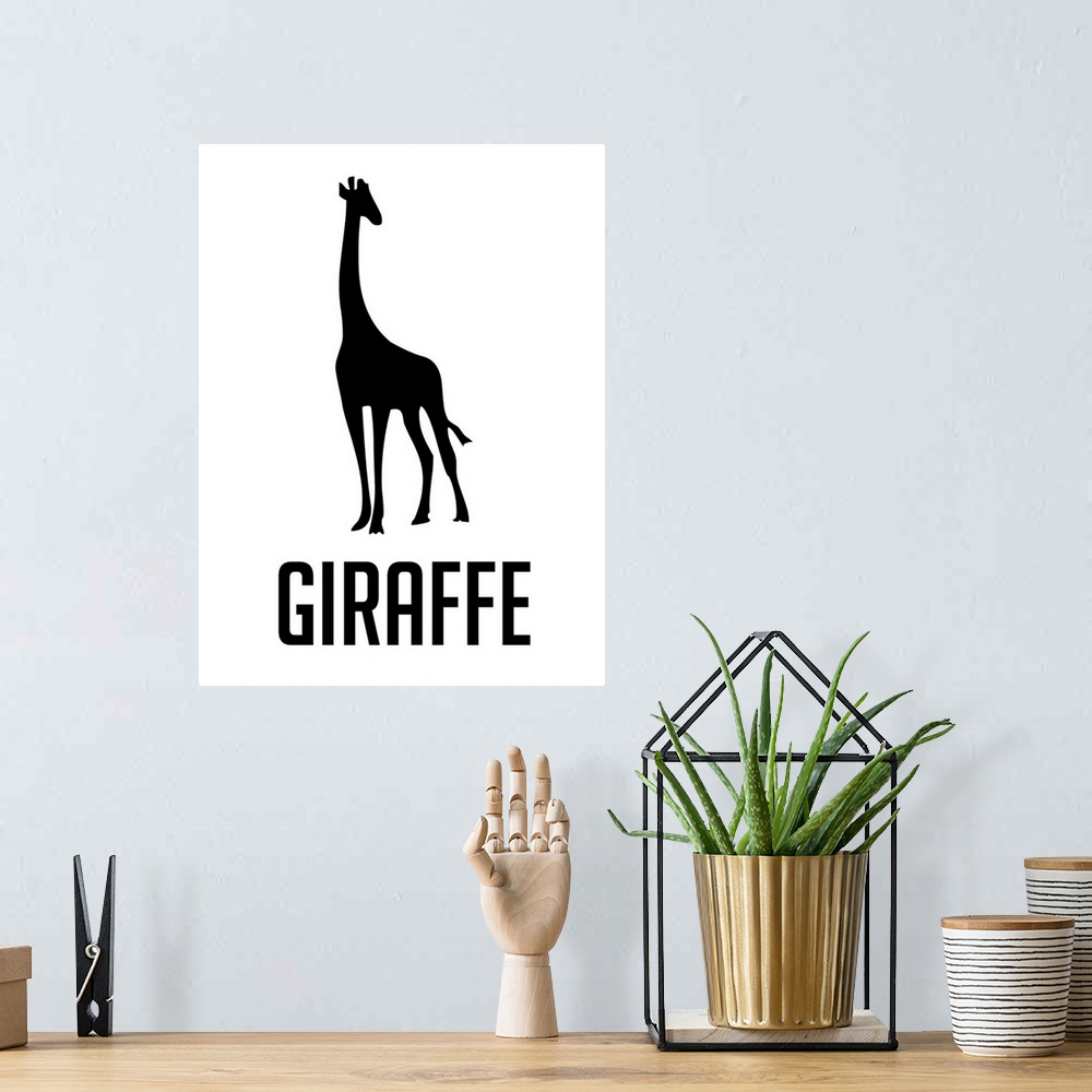 A bohemian room featuring Minimalist Wildlife Poster - Giraffe - Black