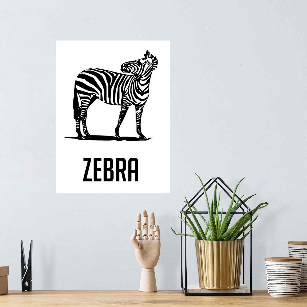A bohemian room featuring Minimalist Wildlife Poster - Zebra - Black