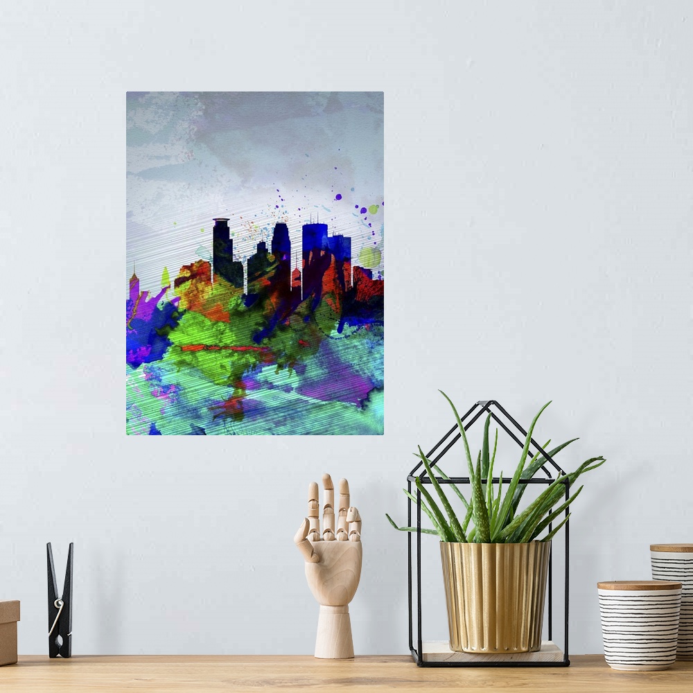 A bohemian room featuring Minneapolis Watercolor Skyline