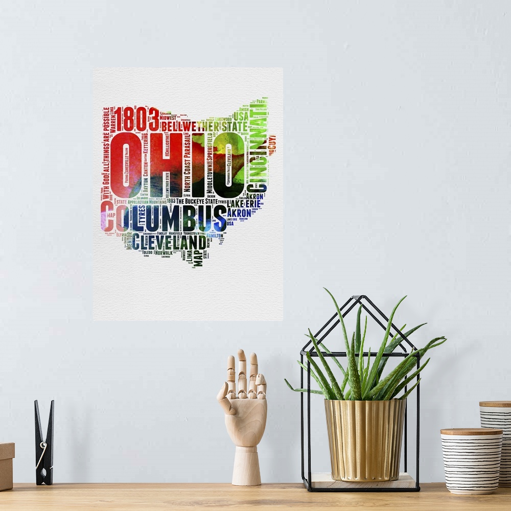 A bohemian room featuring Watercolor typography art map of the US state Ohio.