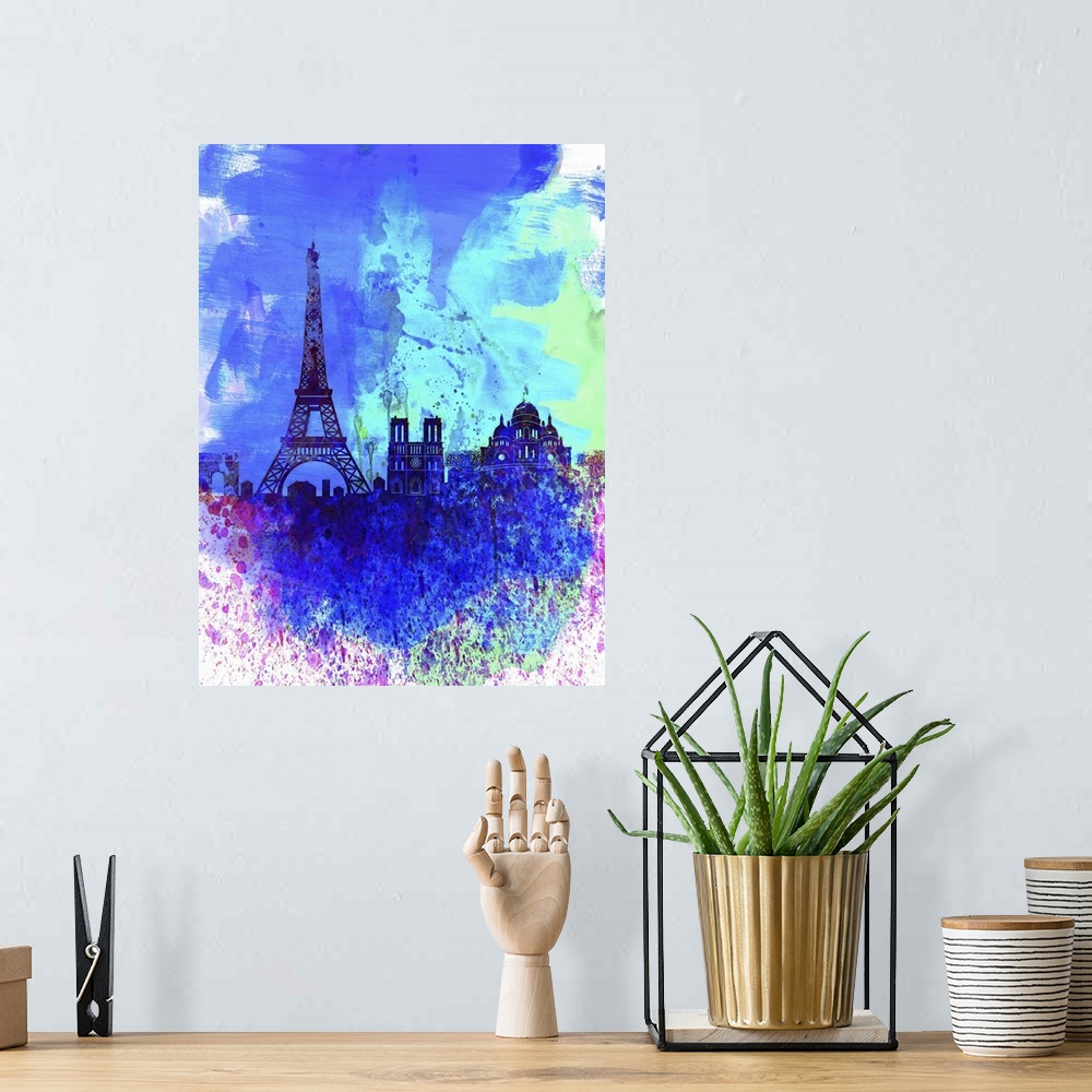 A bohemian room featuring Paris Watercolor Skyline