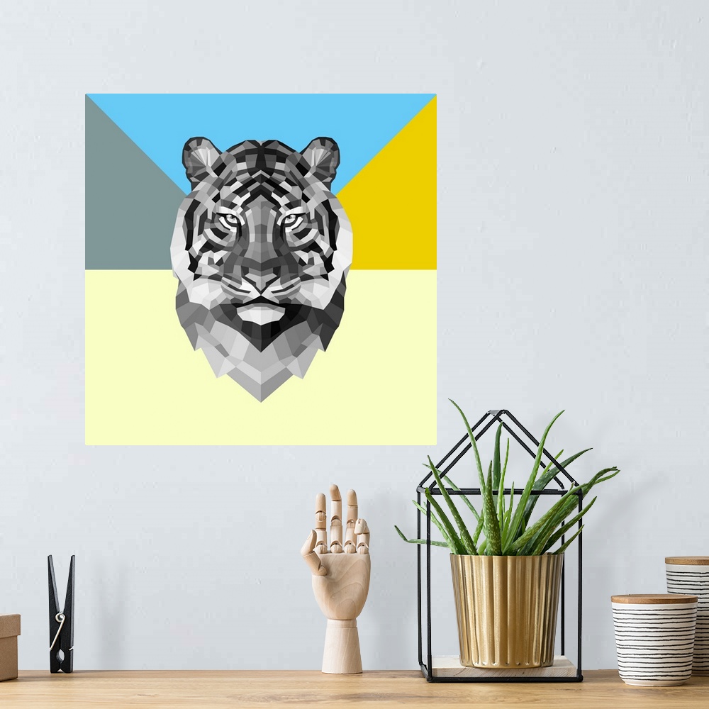 A bohemian room featuring Tiger head made up of a polygon mesh.