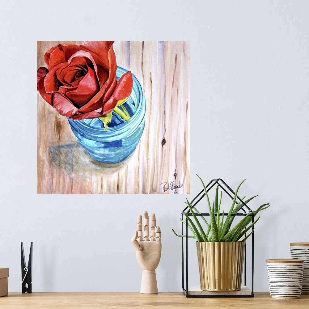 A bohemian room featuring Contemporary painting of a rose sitting in a glass jar.