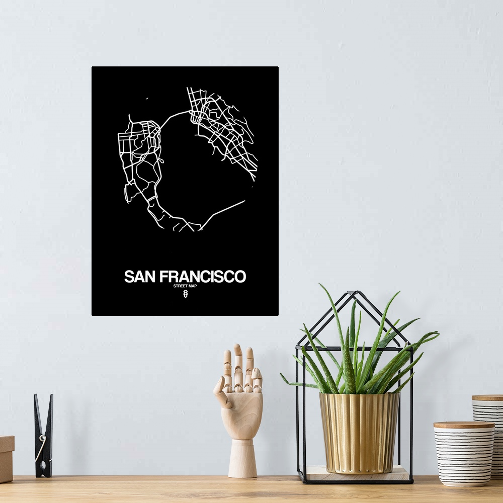 A bohemian room featuring Minimalist art map of the city streets of San Francisco in black and white.