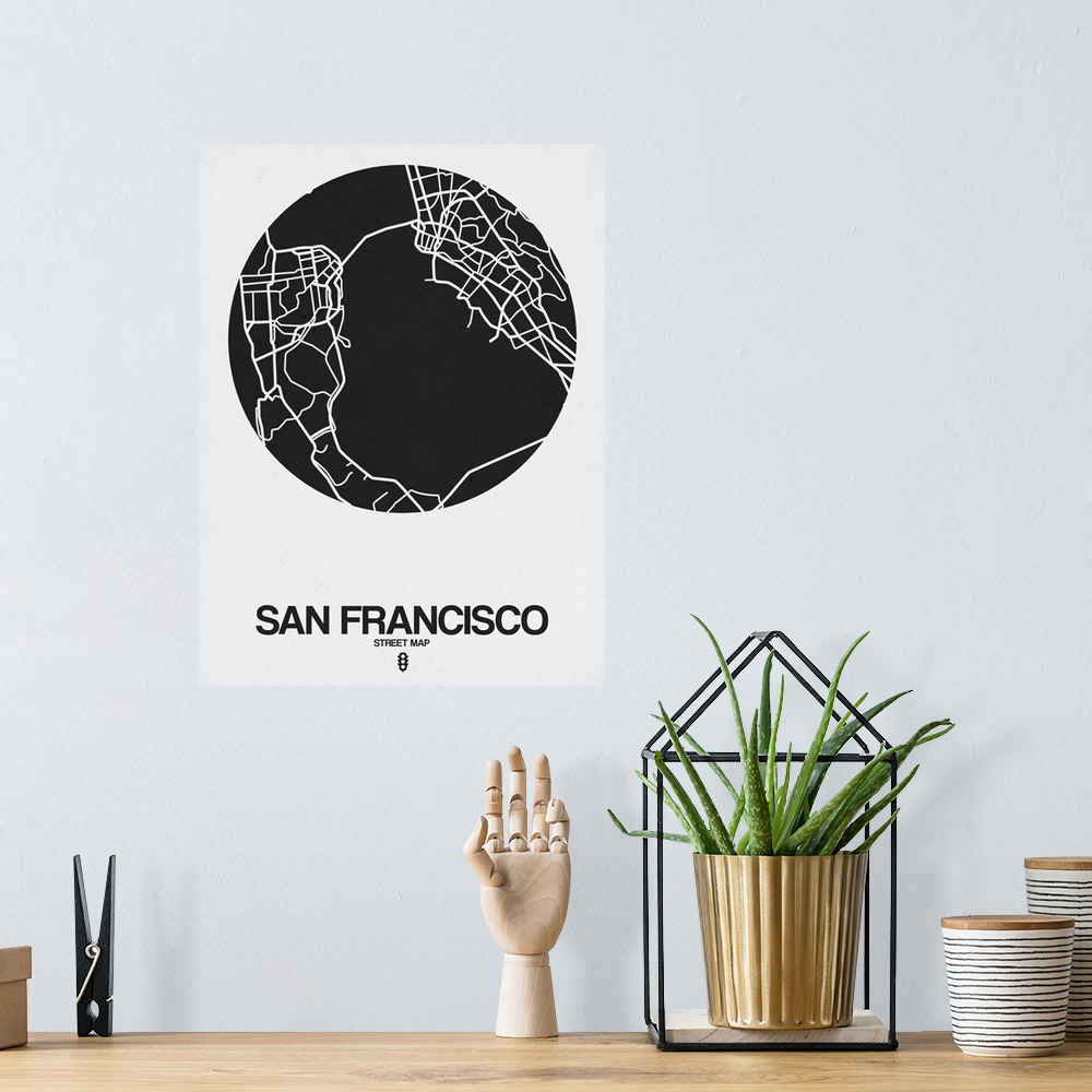 A bohemian room featuring Minimalist art map of the city streets of San Francisco in white and black.