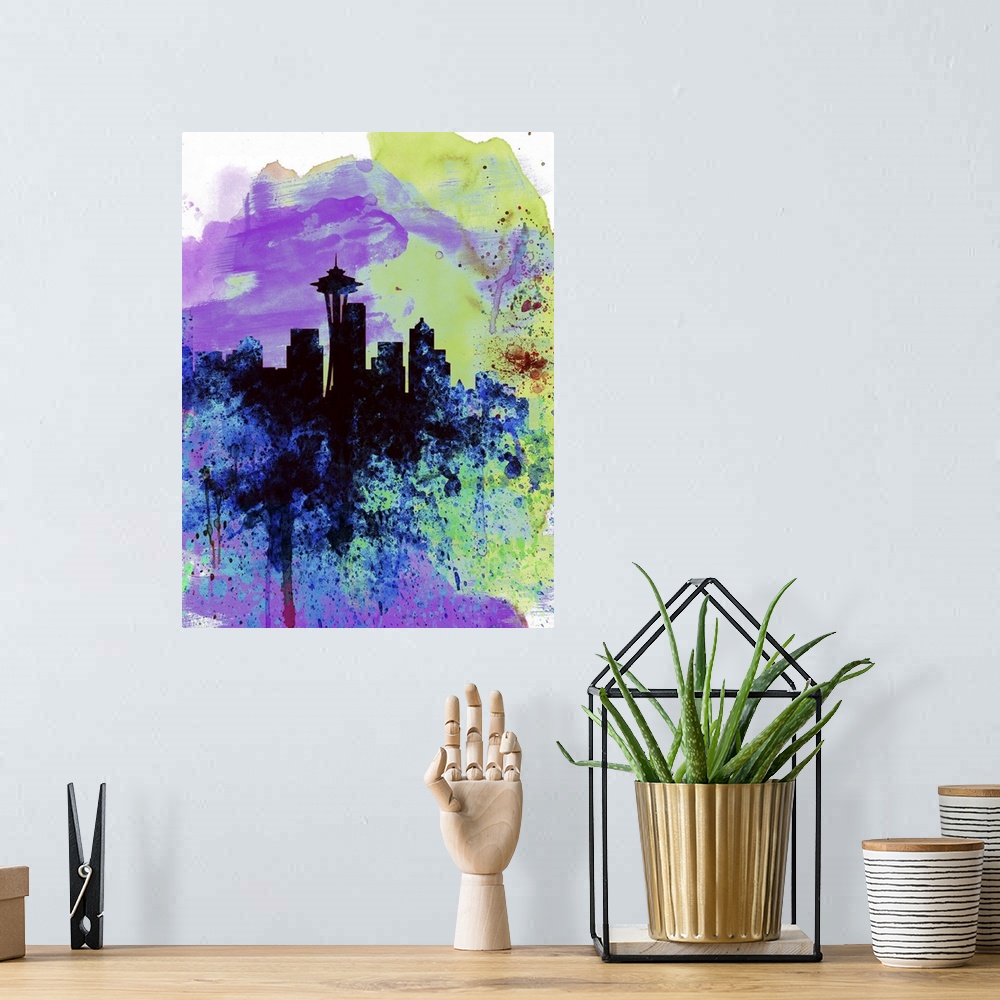 A bohemian room featuring Seattle Watercolor Skyline I