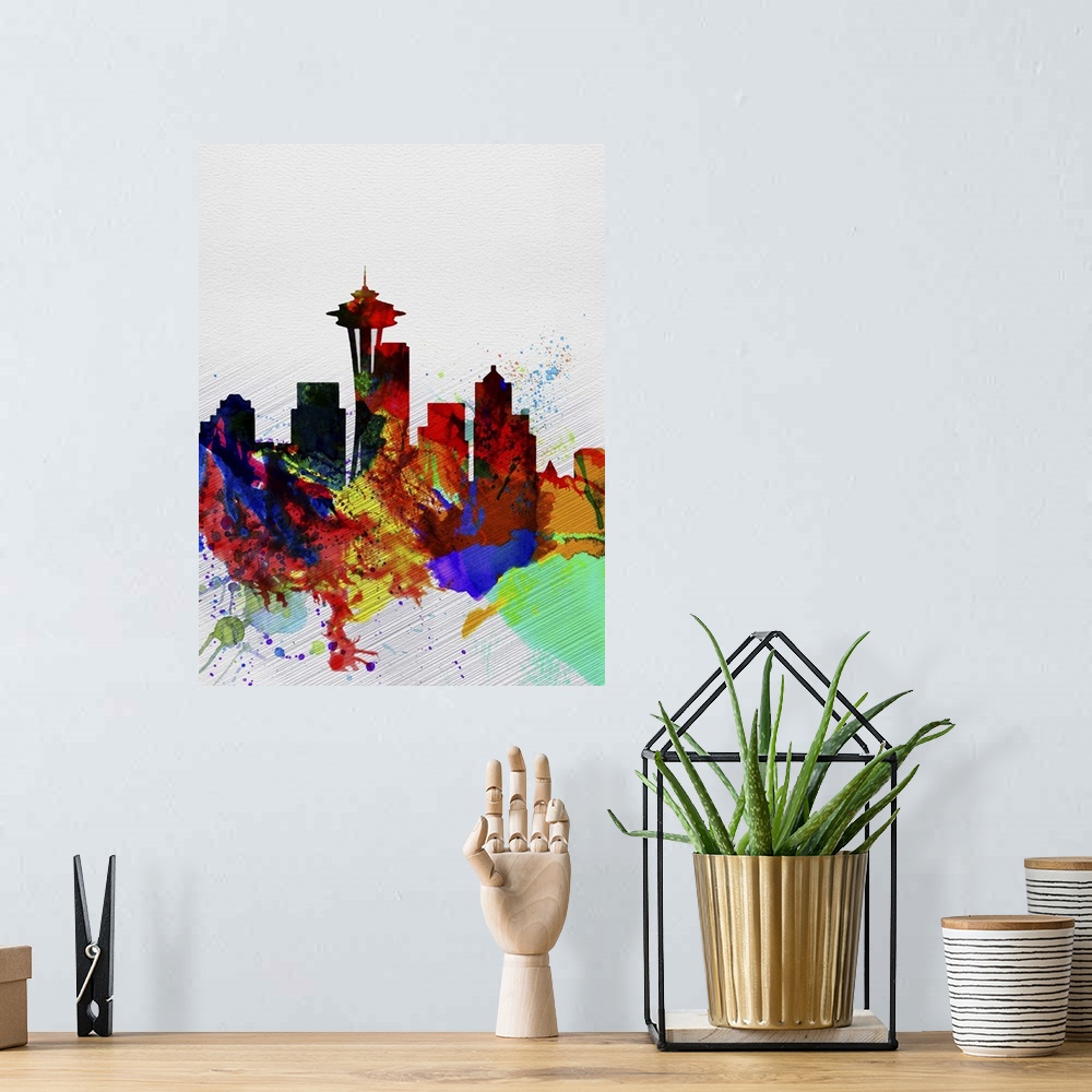 A bohemian room featuring Seattle Watercolor Skyline II
