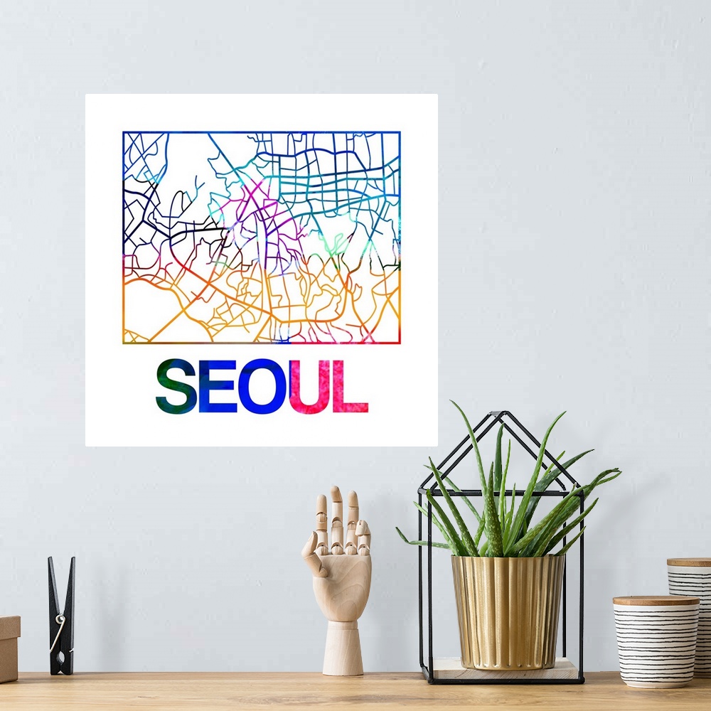 A bohemian room featuring Colorful map of the streets of Seoul, South Korea.