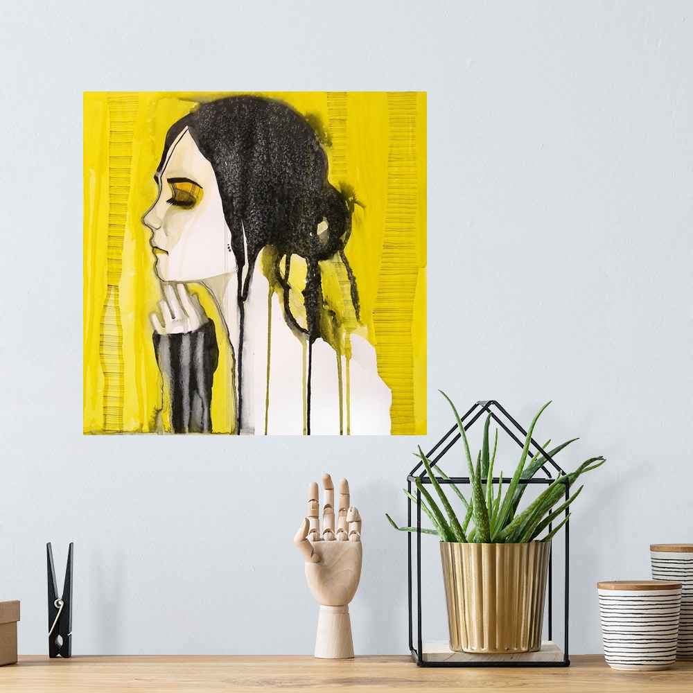A bohemian room featuring Contemporary watercolor portrait of a woman in profile with dark hair put up in a bun, against a ...