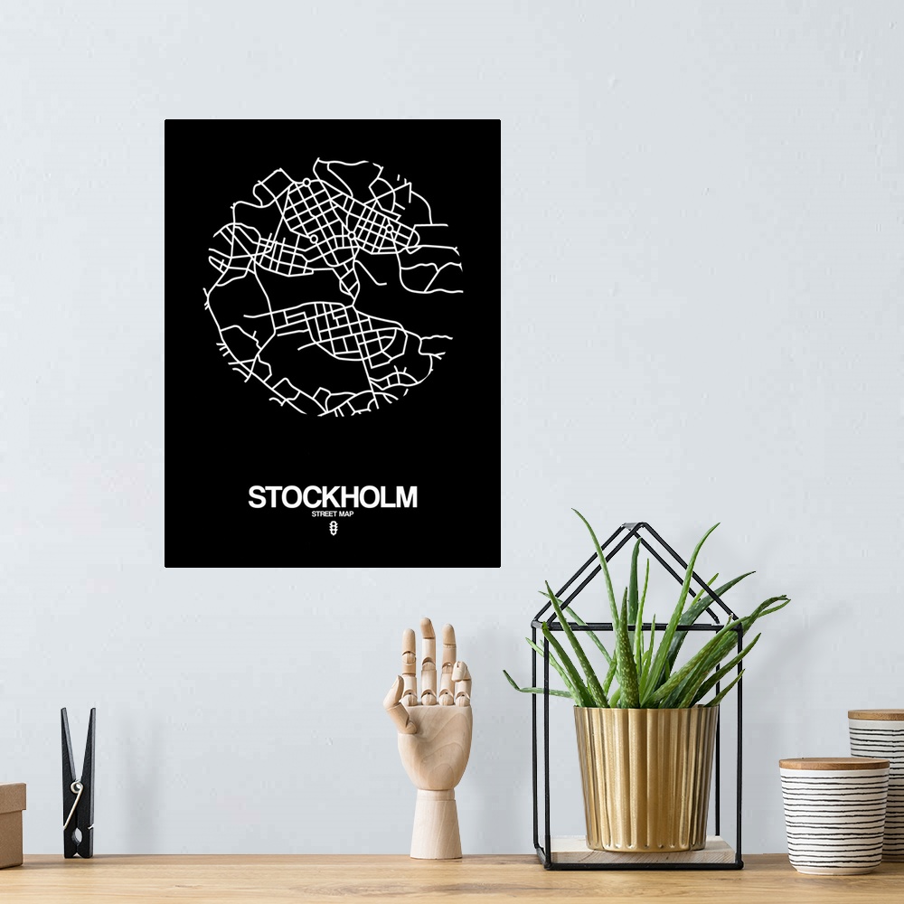 A bohemian room featuring Minimalist art map of the city streets of Stockholm in black and white.