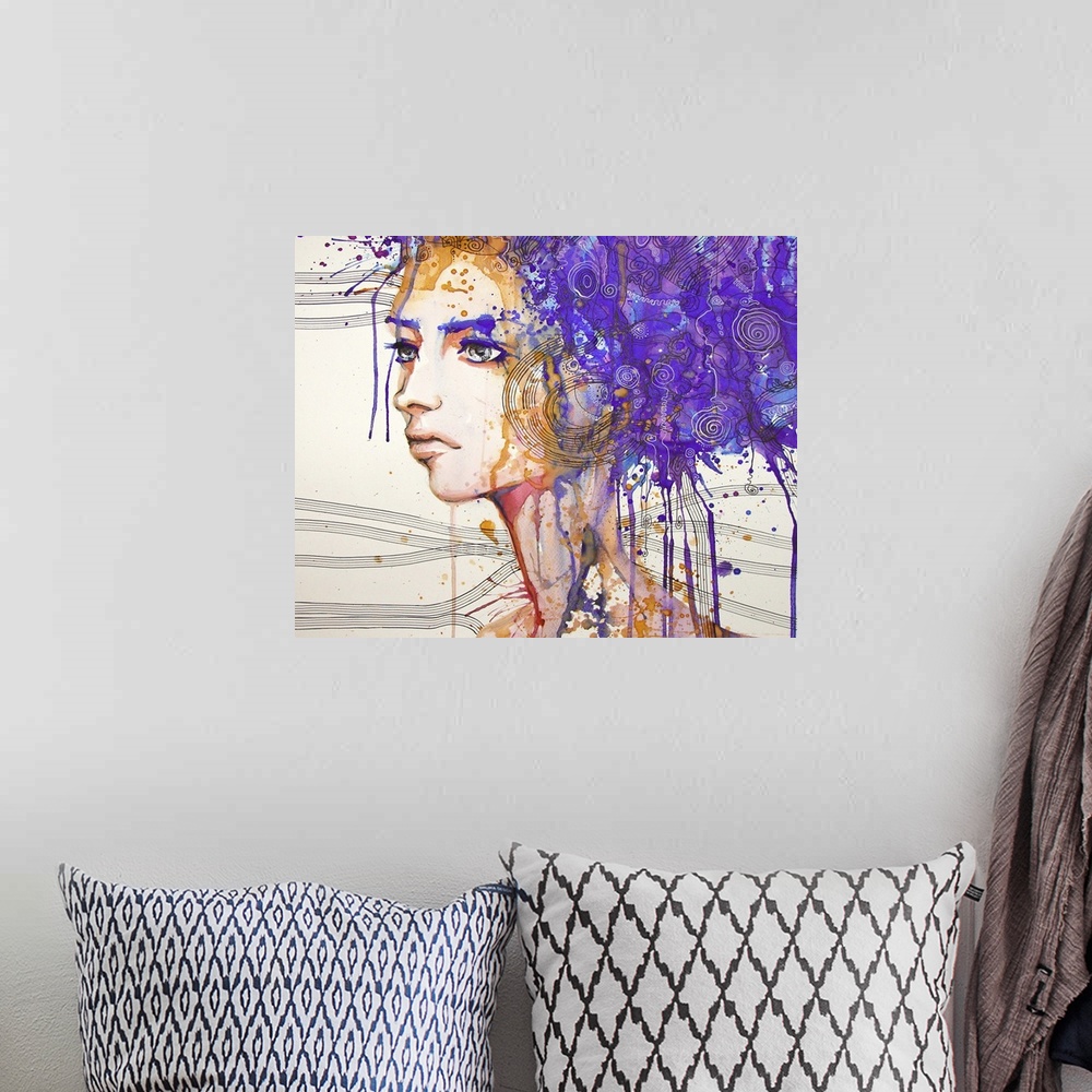 A bohemian room featuring Contemporary watercolor portrait of a woman with elaborate paint Splattered purple hair.