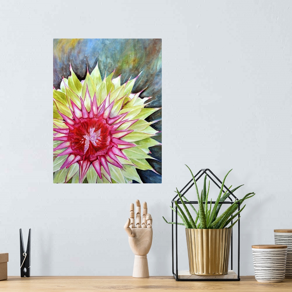 A bohemian room featuring Contemporary painting of a thistle flower.