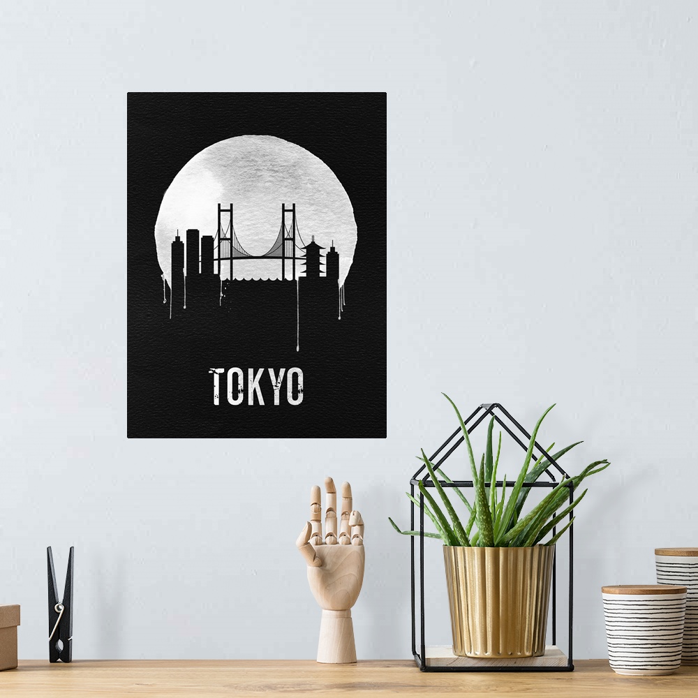 A bohemian room featuring Contemporary watercolor artwork of a famous suspension bridge of Tokyo, in silhouette.