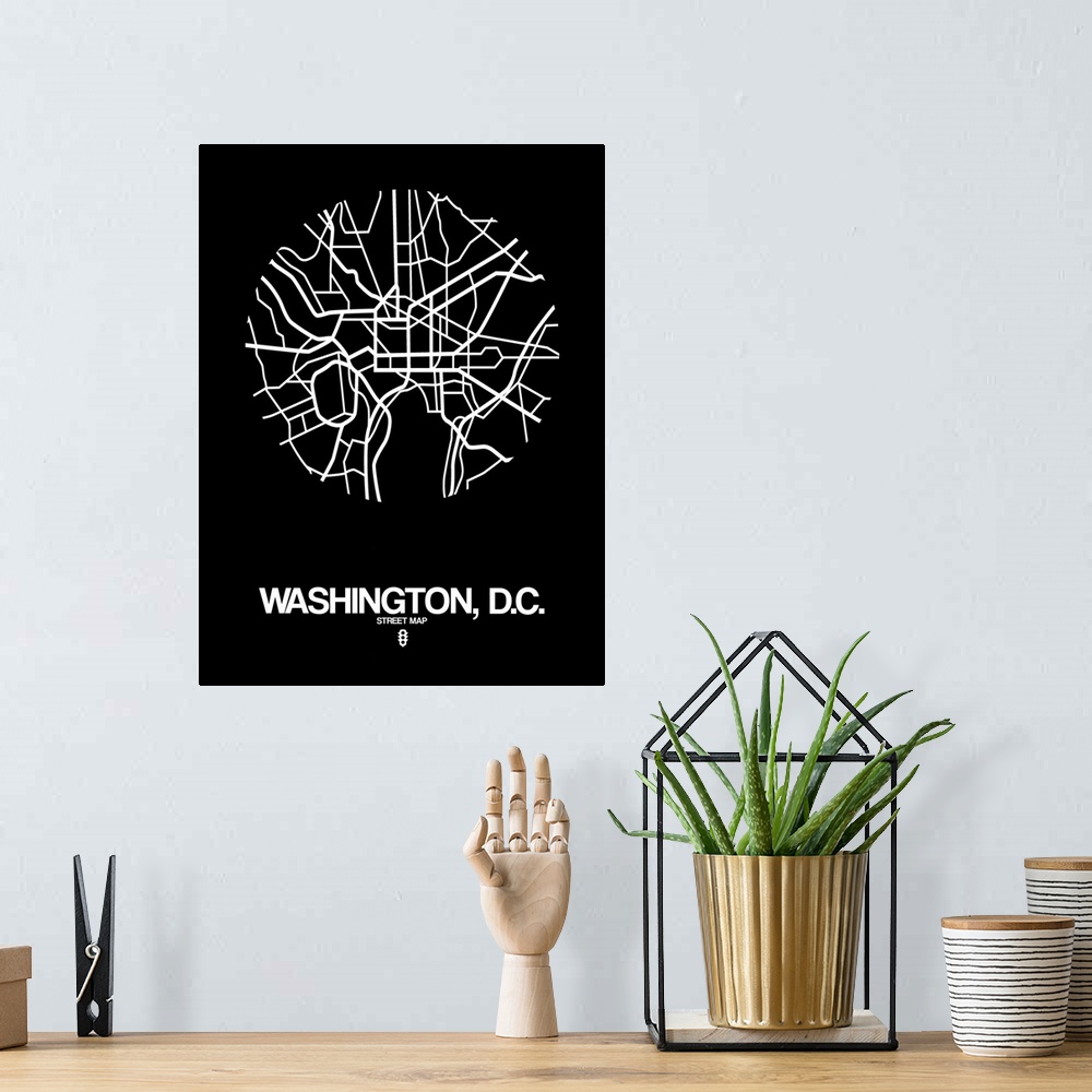 A bohemian room featuring Minimalist art map of the city streets of Washington DC in black and white.