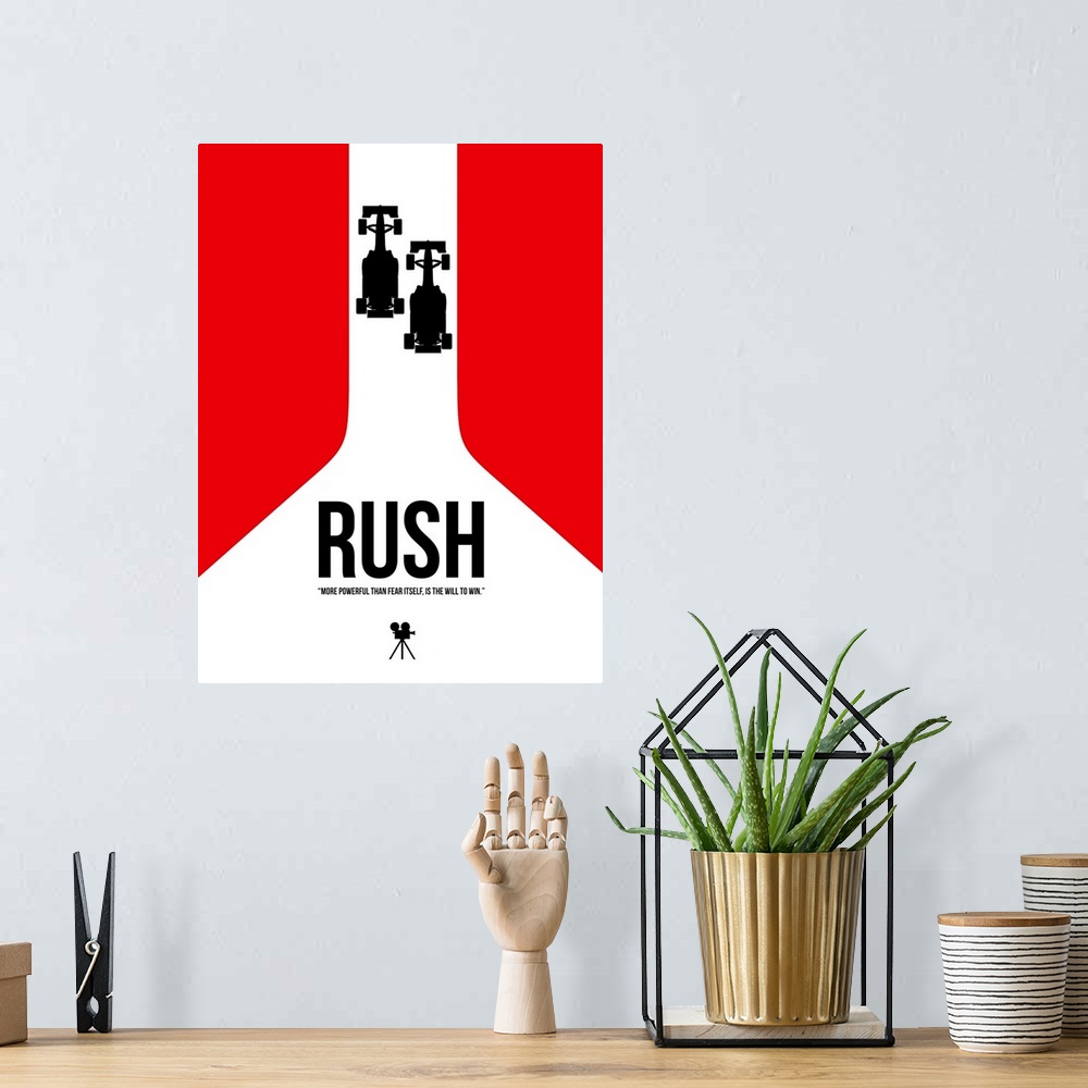 A bohemian room featuring Contemporary minimalist movie poster artwork of Rush.