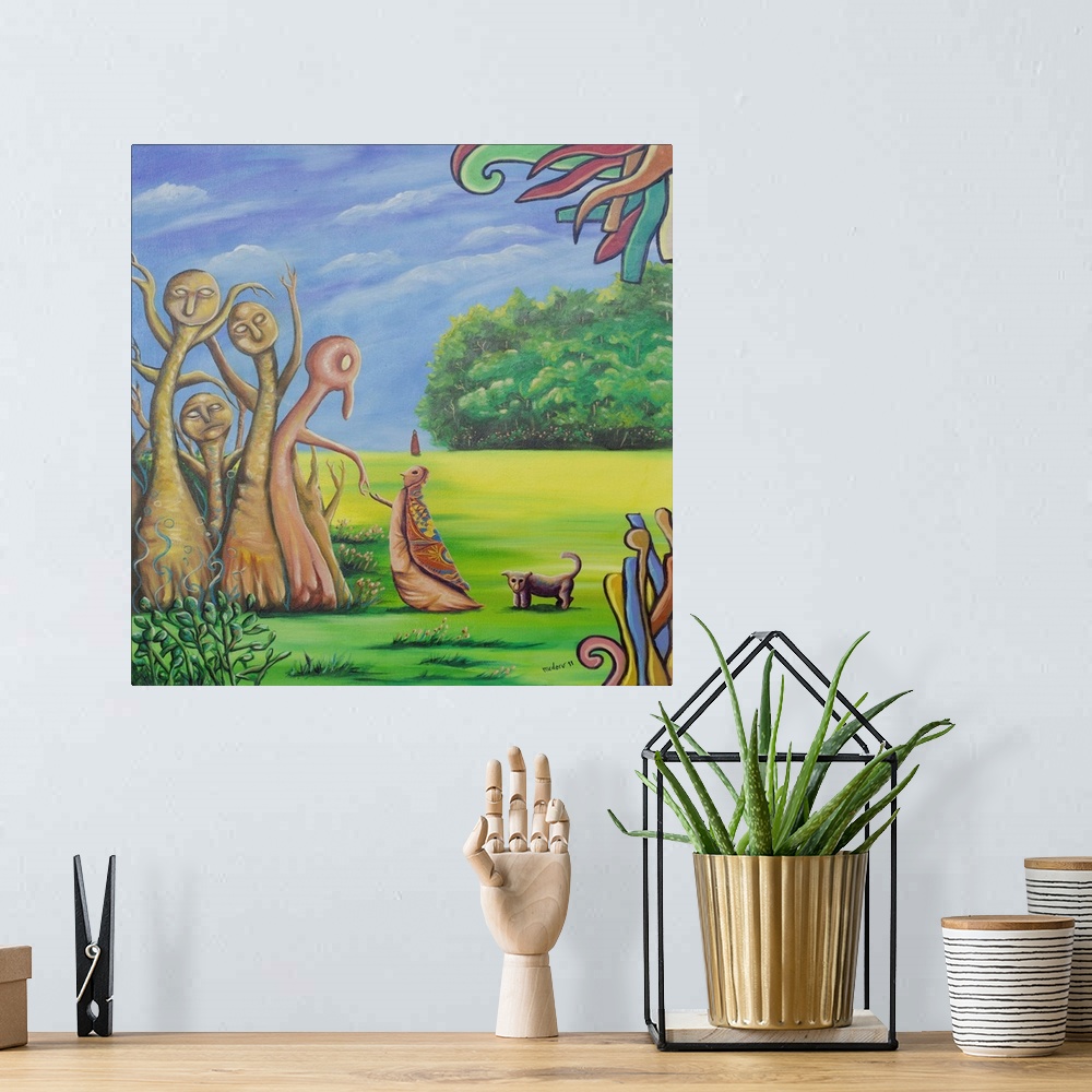 A bohemian room featuring A dog gazes at the viewer while fantastical creatures meet and greet in a surreal setting. My  ch...