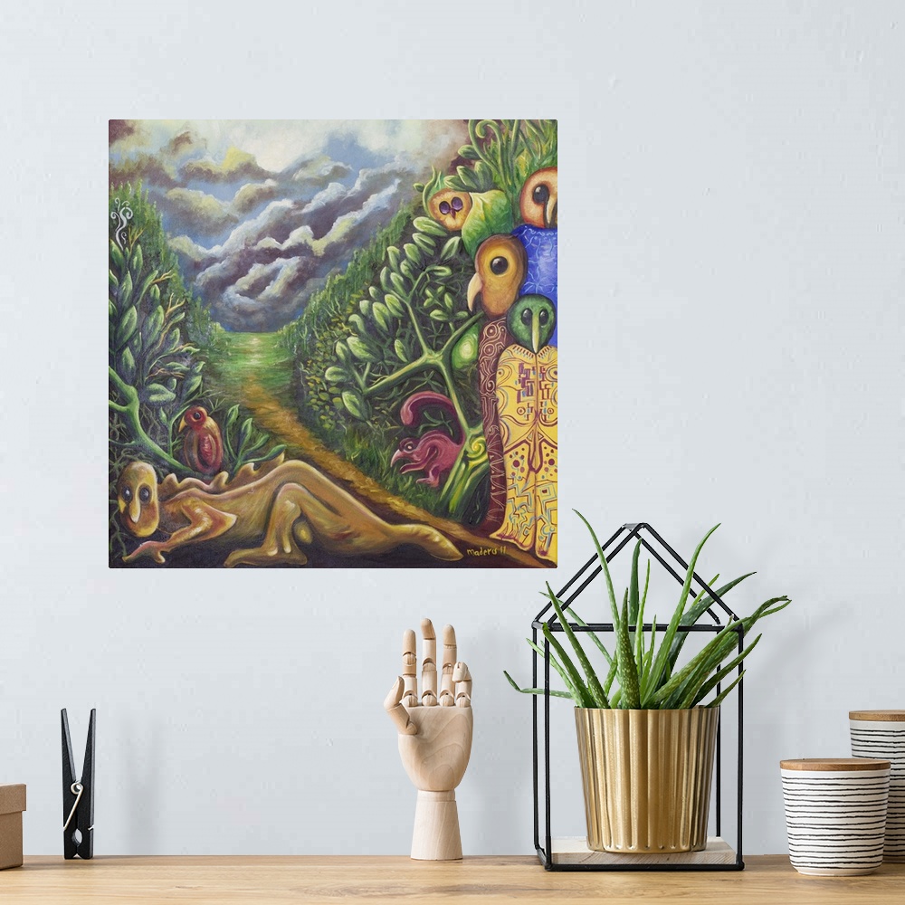 A bohemian room featuring Mysterious creatures with the faces of birds emerge from amid jungle greenery. Dressed in colorfu...